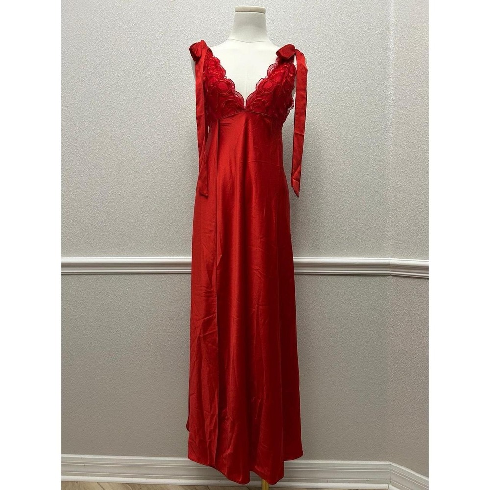 NWT Victoria's Secret Red Satin Embroidered Maxi Slip Dress Gown XS